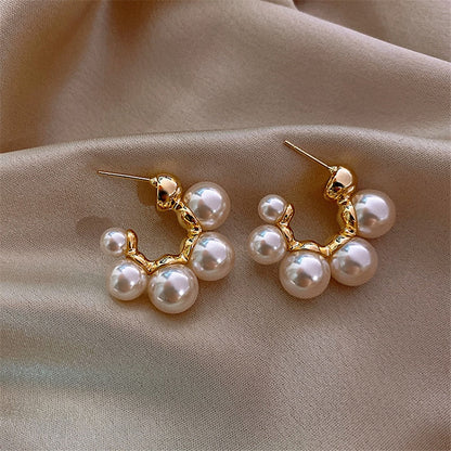2025 New Cute Pearl Studs Hoop Earrings for Women Gold Color Eardrop Minimalist Tiny Huggies Hoops Wedding Fashion Jewelry